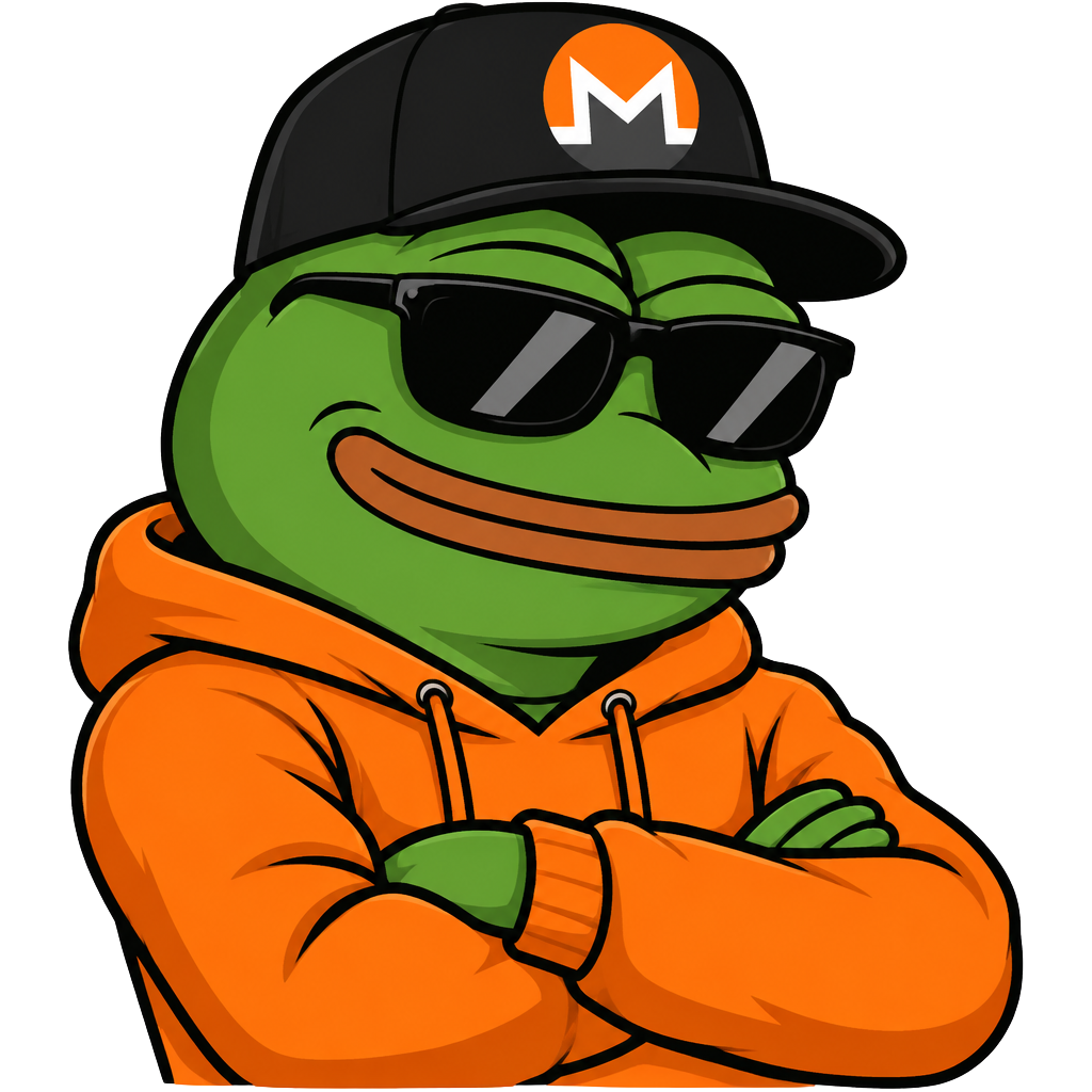 Monero Pepe wearing a Monero cap, sunglasses and orange hoodie