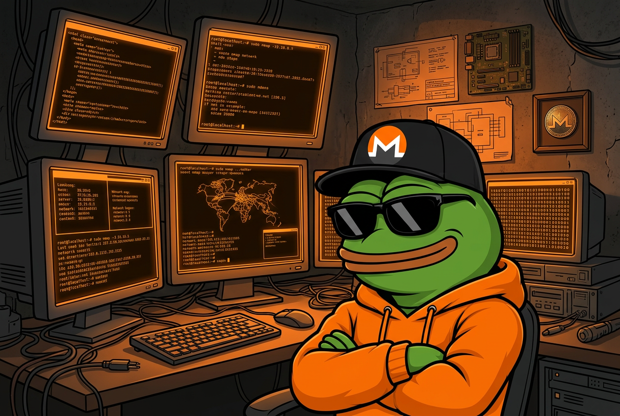 Monero Pepe in a dark room lit by orange monitors